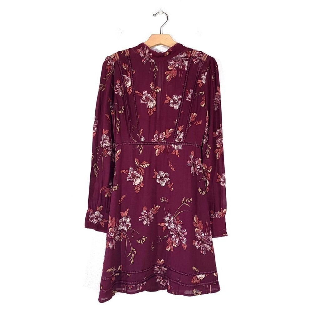 ASTR Kirsten High Neck Sheer Long Sleeve Mini Dress Wine Burgundy Red Medium